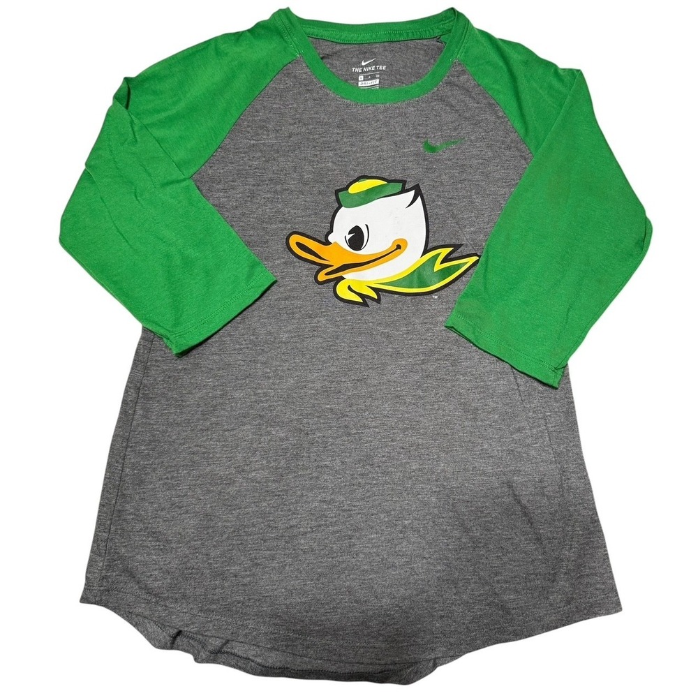 Nike Oregon Ducks Shirt Womens Gray Green 3/4 Sleeve Dri-FIT Raglan SMALL